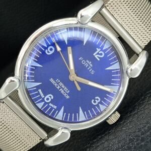 Vintage 1976 Fortis Manual Mens Silver Watch W/Steel Strap & Blue accents